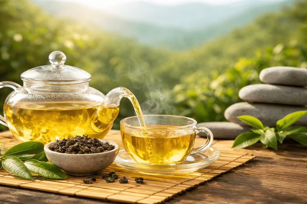 Hele oolong tee klaasteekannis ja tass kuldse teega puidust laual